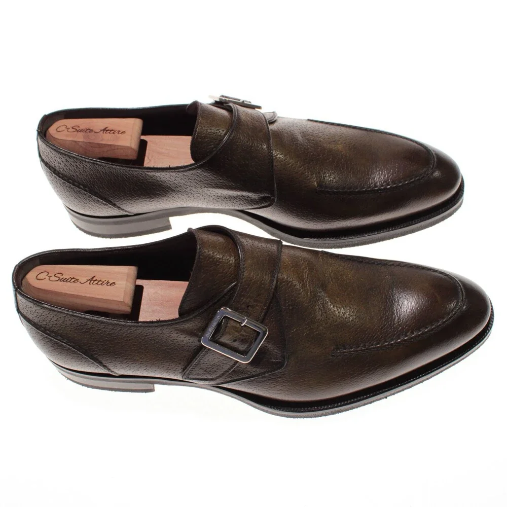 Di Bianco NWD Single Monk Strap Dress Shoes Size 9.5 US in Green Pebbled Leather